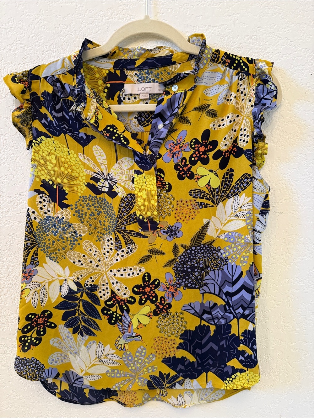 LOFT Women’s Mustard Floral Ruffle-Sleeve Blouse